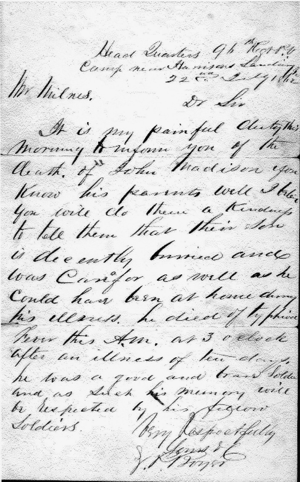 Letter about John Madison's passing